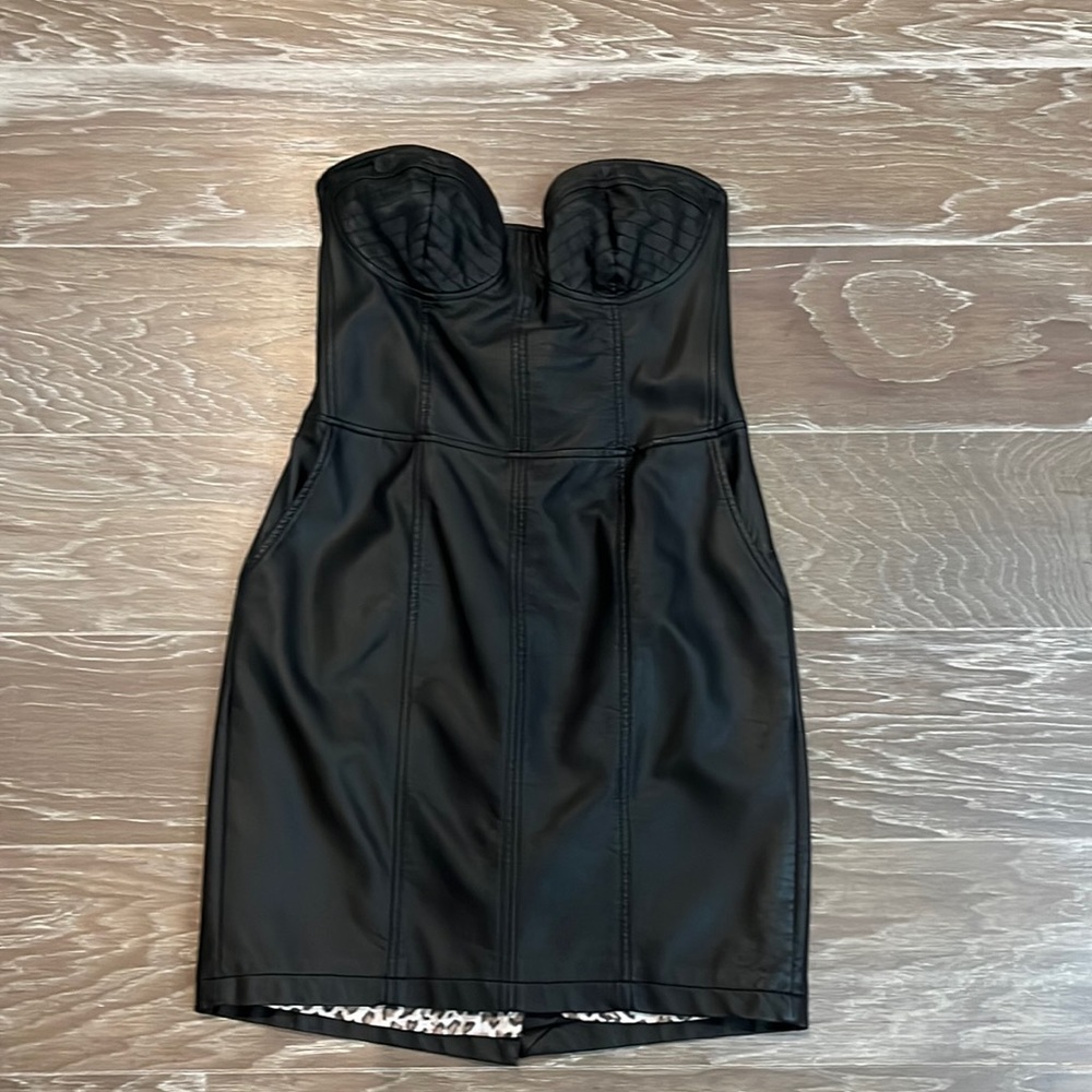 2b strap less black faux leather dress